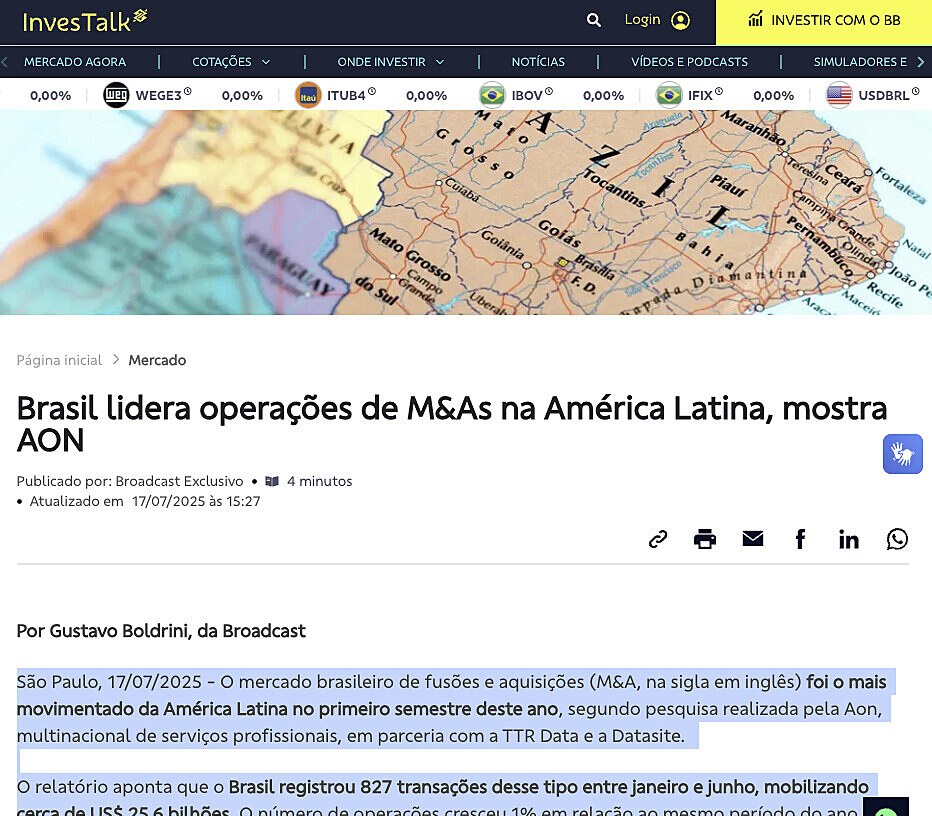 Brasil lidera operaes de M&As na Amrica Latina, mostra AON